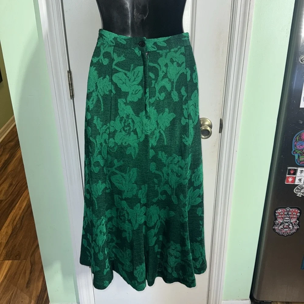 C.E. Stanton Green Vintage Floral Jacquard A-Line Midi Swing Classy Skirt Size 8